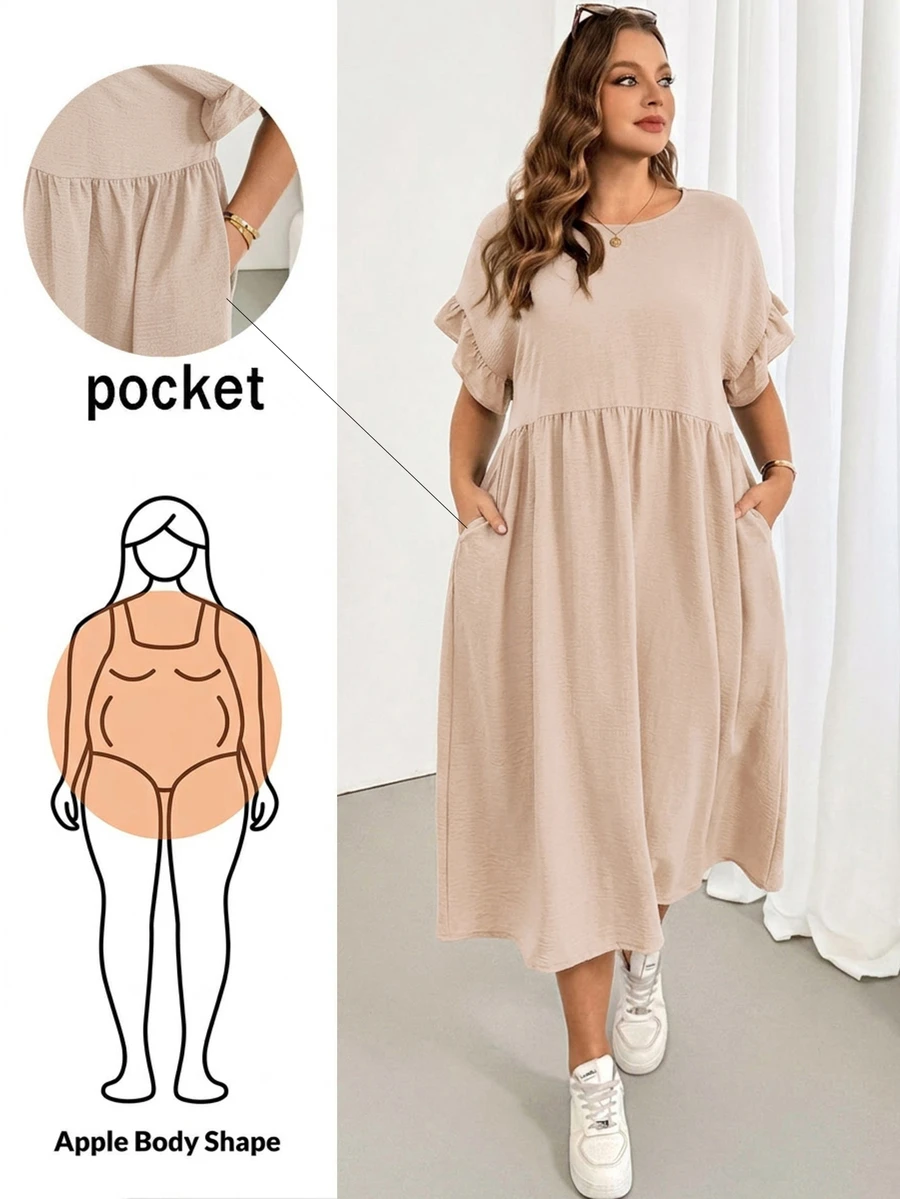 Shapeblank Vestido midi negro de mujer talla grande, primavera/verano, casual, holgado, cómodo, básico, versátil, efecto adelgazante, mangas con volantes, con bolsillos, estilo sencillo, atuendos de verano, verano europeo - Albaricoque - Ver 1