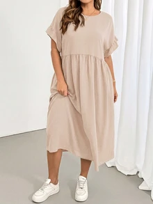 Shapeblank Vestido midi negro de mujer talla grande, primavera/verano, casual, holgado, cómodo, básico, versátil, efecto adelgazante, mangas con volantes, con bolsillos, estilo sencillo, atuendos de verano, verano europeo - Albaricoque - Ver 5