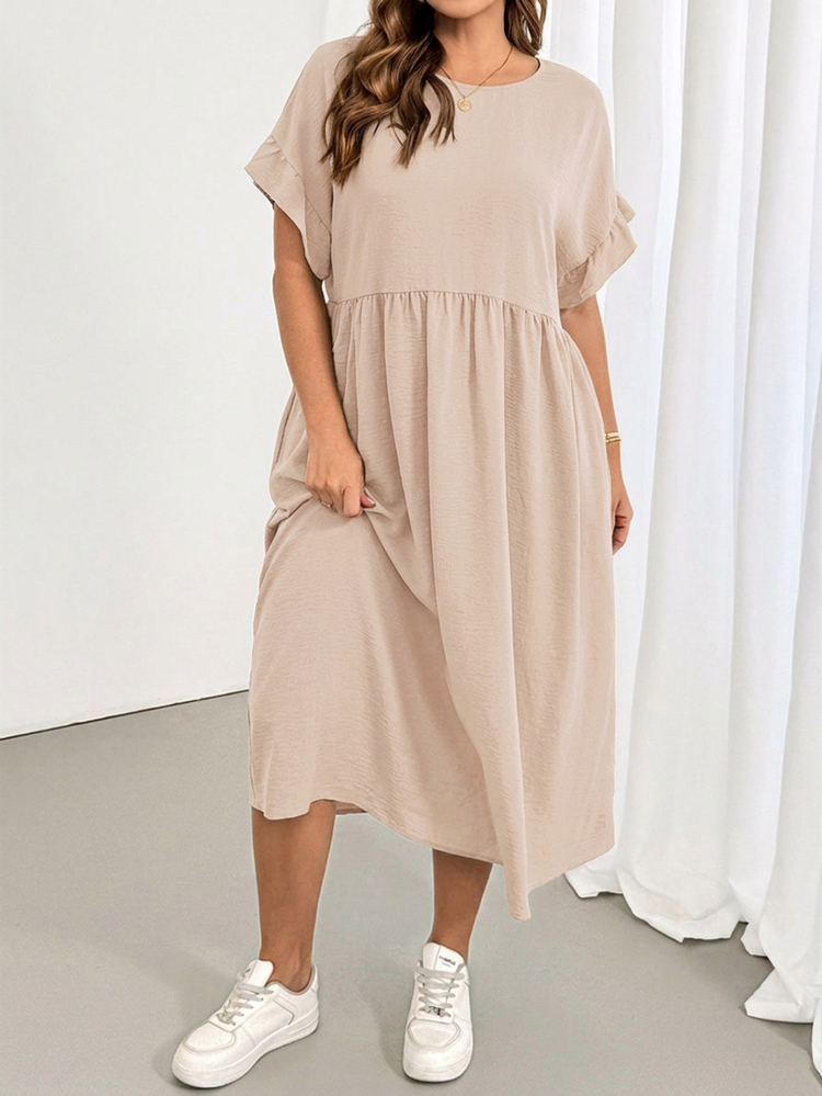 Shapeblank Plus-Size Women's Spring/Summer Casual Loose Comfortable Holiday Vacation Basic Slimming Ruffled Sleeves Pocket Peach Midi Dress Formal Bussines Beige - Apricot - View 5