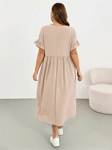 Shapeblank Vestido midi negro de mujer talla grande, primavera/verano, casual, holgado, cómodo, básico, versátil, efecto adelgazante, mangas con volantes, con bolsillos, estilo sencillo, atuendos de verano, verano europeo - Albaricoque - Ver 2