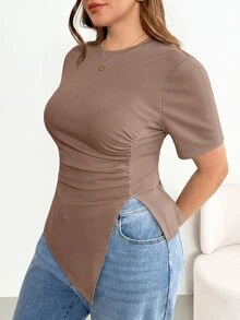Shapeblank Plus Size Casual Chocolate Brown Ruched Asymmetric Hem Short Sleeve T-Shirt Summer Going Out Formal Vacation Tops - Camel - View 4