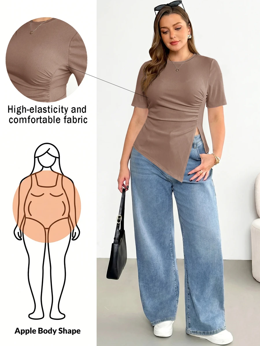 Shapeblank Plus Size Casual Chocolate Brown Ruched Asymmetric Hem Short Sleeve T-Shirt Summer Going Out Formal Vacation Tops - Camel - View 1