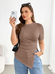 Shapeblank Plus Size Casual Chocolate Brown Ruched Asymmetric Hem Short Sleeve T-Shirt Summer Going Out Formal Vacation Tops - Camel - View 3