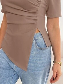 Shapeblank Plus Size Casual Chocolate Brown Ruched Asymmetric Hem Short Sleeve T-Shirt Summer Going Out Formal Vacation Tops - Camel - View 6