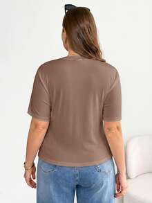 Shapeblank Plus Size Casual Chocolate Brown Ruched Asymmetric Hem Short Sleeve T-Shirt Summer Going Out Formal Vacation Tops - Camel - View 2