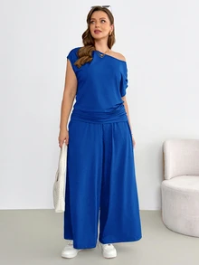 Shapeblank Setelan Dua Potong Wanita Ukuran Besar untuk Musim Panas, Modis, Kasual, Lembut, Elastis, Nyaman untuk Sehari-hari, Cocok untuk Pantai, Pakaian Rumah, Liburan, dan Formal, Warna Biru Tua - Royal Blue - View 5