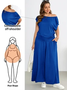 Shapeblank Setelan Dua Potong Wanita Ukuran Besar untuk Musim Panas, Modis, Kasual, Lembut, Elastis, Nyaman untuk Sehari-hari, Cocok untuk Pantai, Pakaian Rumah, Liburan, dan Formal, Warna Biru Tua - Royal Blue - View 2
