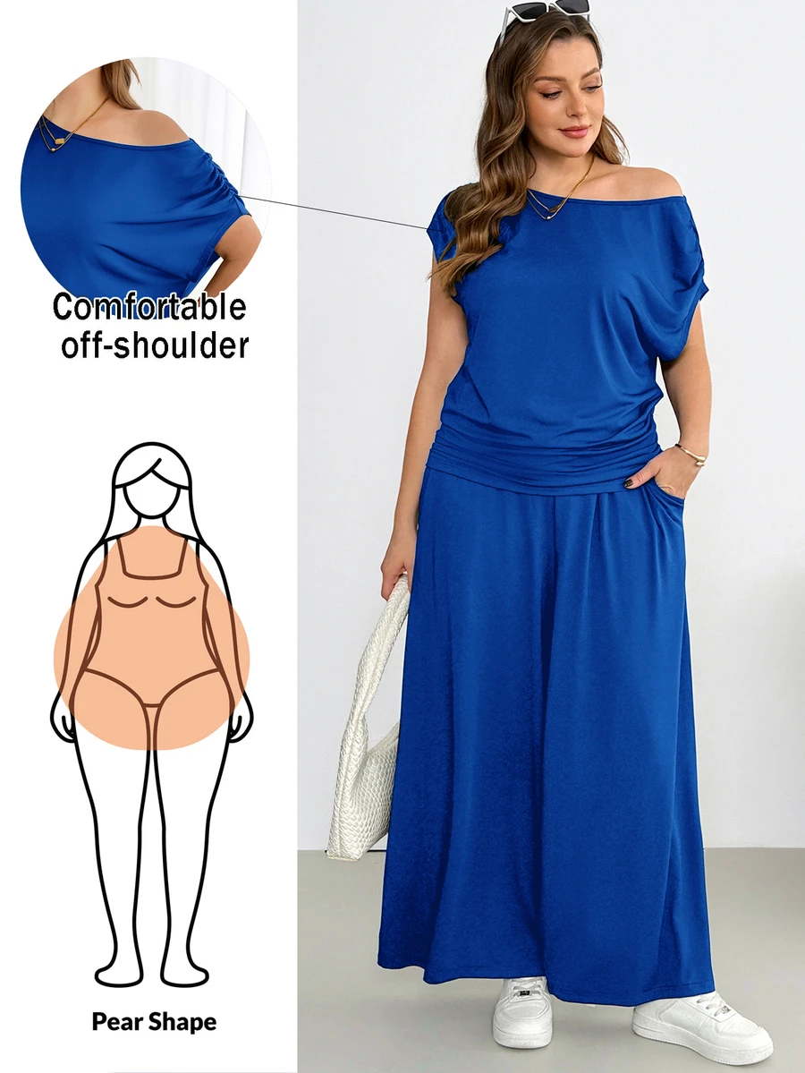 Shapeblank Setelan Dua Potong Wanita Ukuran Besar untuk Musim Panas, Modis, Kasual, Lembut, Elastis, Nyaman untuk Sehari-hari, Cocok untuk Pantai, Pakaian Rumah, Liburan, dan Formal, Warna Biru Tua