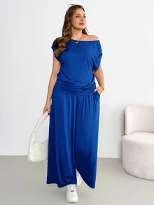 Shapeblank Setelan Dua Potong Wanita Ukuran Besar untuk Musim Panas, Modis, Kasual, Lembut, Elastis, Nyaman untuk Sehari-hari, Cocok untuk Pantai, Pakaian Rumah, Liburan, dan Formal, Warna Biru Tua - Royal Blue - View 8