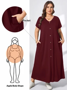 Shapeblank 大尺碼女款紅色夏季休閒正式風傳統柔美日常長洋裝，V領口袋設計，寬鬆短袖，老錢風教師風早午餐穿搭 - 玫瑰紅 - 查看 1