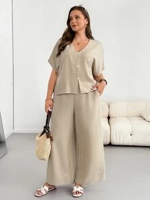 Shapeblank 大码女装春夏时尚休闲宽松清爽舒适日常百搭显瘦杏色V领短袖上衣和阔腿裤两件套，简约风格，度假穿搭 - 杏色 - 查看 6