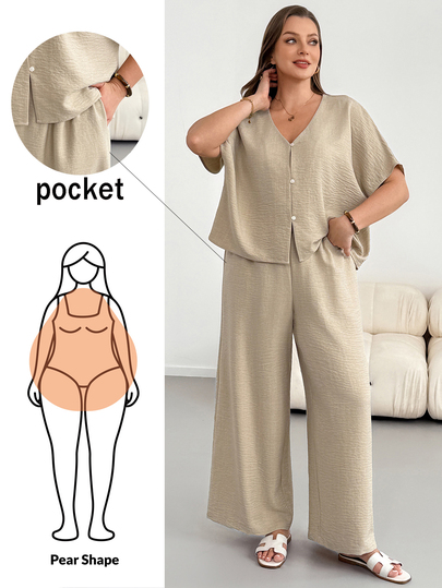 Shapeblank Plus-Size Women's Summer Curve Khaki Two Pieces Set, Smart Casual Loungewear V-Neck Short-Sleeved Top And Wide-Leg Pants, Vacation Outfit Style