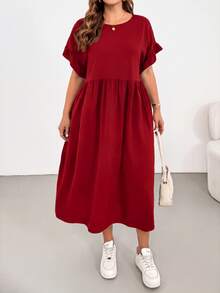 Shapeblank Plus Size Women's Solid Color Pleated Casual Daily Summer Dress - Red - View 4