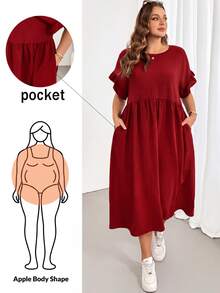 Shapeblank Plus Size Women's Solid Color Pleated Casual Daily Summer Dress - Red - View 1