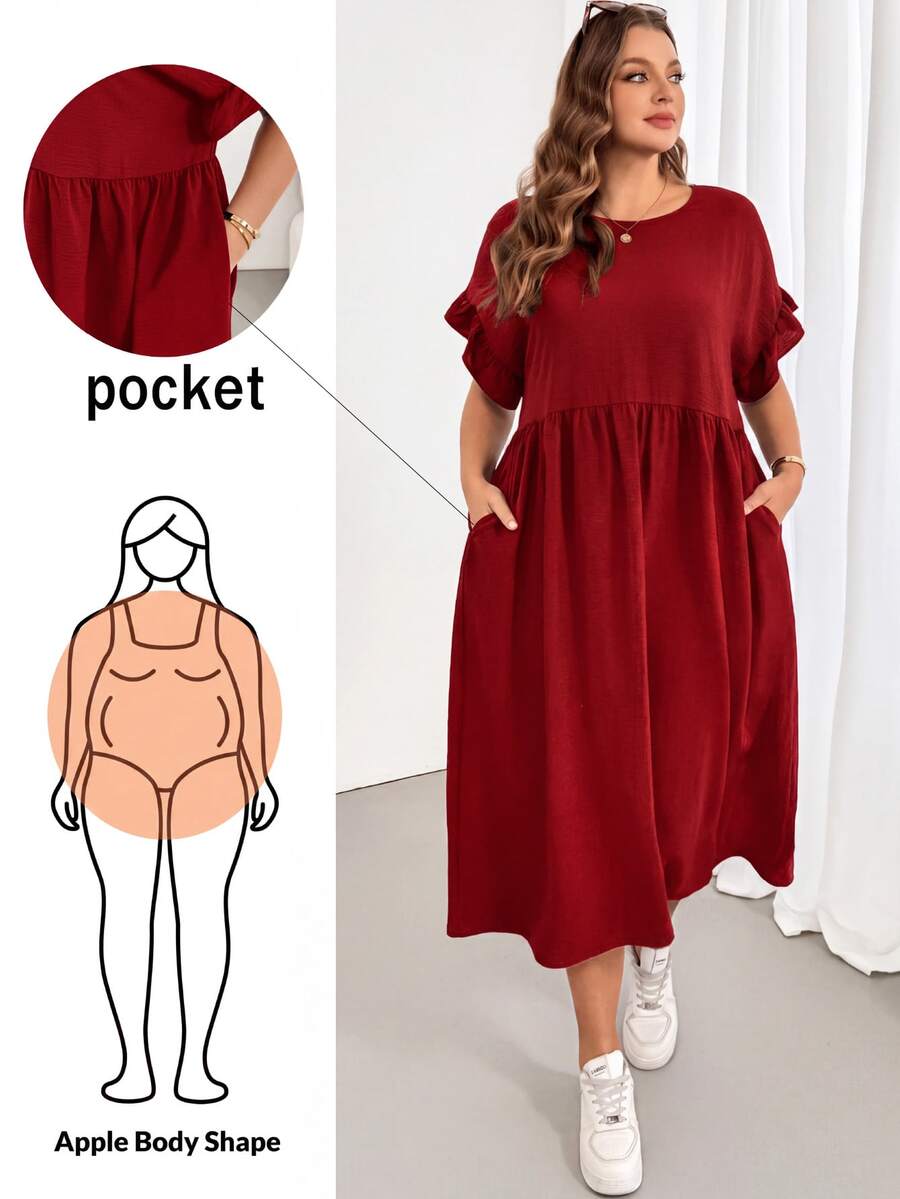 Shapeblank Plus Size Women's Solid Color Pleated Casual Daily Summer Dress - Red - View 1