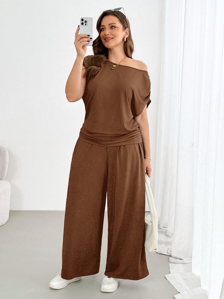 Shapeblank Plus Size Solid Color Versatile Asymmetrical Ruched Top And Loose Pocket Pants 2 Pieces Set - Mocha Brown - View 6