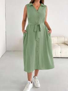 Shapeblank Plus Size Women's Sage Green Summer Casual Everyday Loose Button Placket Belted Shirt Dress, V-Collar Pocket Office Work Wear, Simple Style Teacher - Mint Green - View 4