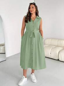 Shapeblank Plus Size Women's Sage Green Summer Casual Everyday Loose Button Placket Belted Shirt Dress, V-Collar Pocket Office Work Wear, Simple Style Teacher - Mint Green - View 6