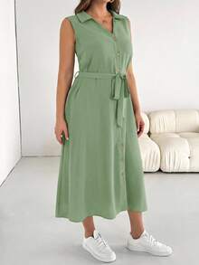 Shapeblank Plus Size Women's Sage Green Summer Casual Everyday Loose Button Placket Belted Shirt Dress, V-Collar Pocket Office Work Wear, Simple Style Teacher - Mint Green - View 3