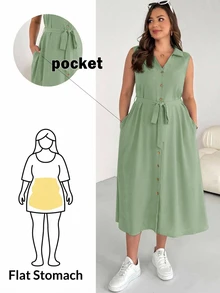 Shapeblank Plus Size Women's Sage Green Summer Casual Everyday Loose Button Placket Belted Shirt Dress, V-Collar Pocket Office Work Wear, Simple Style Teacher - Mint Green - View 1