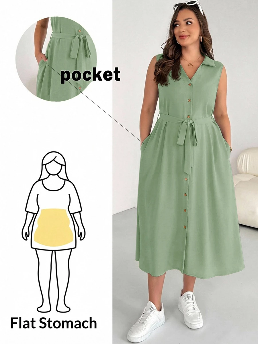 Shapeblank Plus Size Women's Sage Green Summer Casual Everyday Loose Button Placket Belted Shirt Dress, V-Collar Pocket Office Work Wear, Simple Style Teacher - Mint Green - View 1