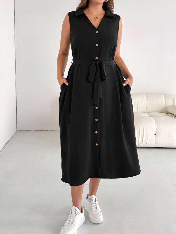 Shapeblank Plus Size Women's Black Summer Smart Casual Office Work Mid-Length Shirt Dress, V-Neck Button Pocket Loose Comfortable Casual Fashion Teacher - Black - View 4