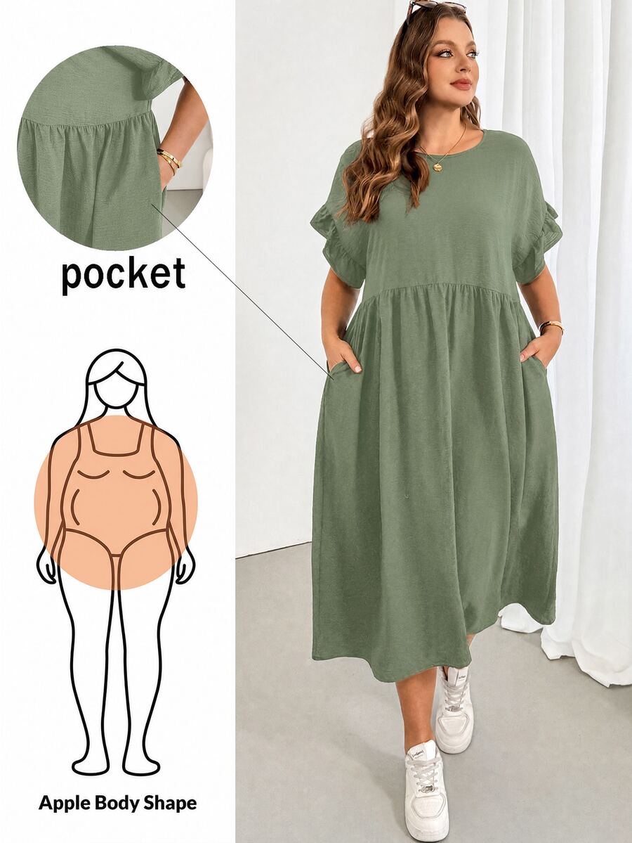 Shapeblank Plus-Size Women's Sage Green Summer Smart Casual Baggy Holiday Midi Dress,Ruffled Sleeves Pocket Loose Comfortable Everyday All-Match Versatile Formal - Mint Green - View 1