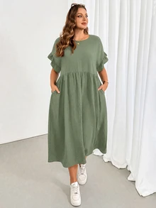 Shapeblank Plus-Size Women's Sage Green Summer Smart Casual Baggy Holiday Midi Dress,Ruffled Sleeves Pocket Loose Comfortable Everyday All-Match Versatile Formal - Mint Green - View 3