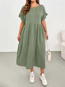 Shapeblank Plus-Size Women's Sage Green Summer Smart Casual Baggy Holiday Midi Dress,Ruffled Sleeves Pocket Loose Comfortable Everyday All-Match Versatile Formal - Mint Green - View 8