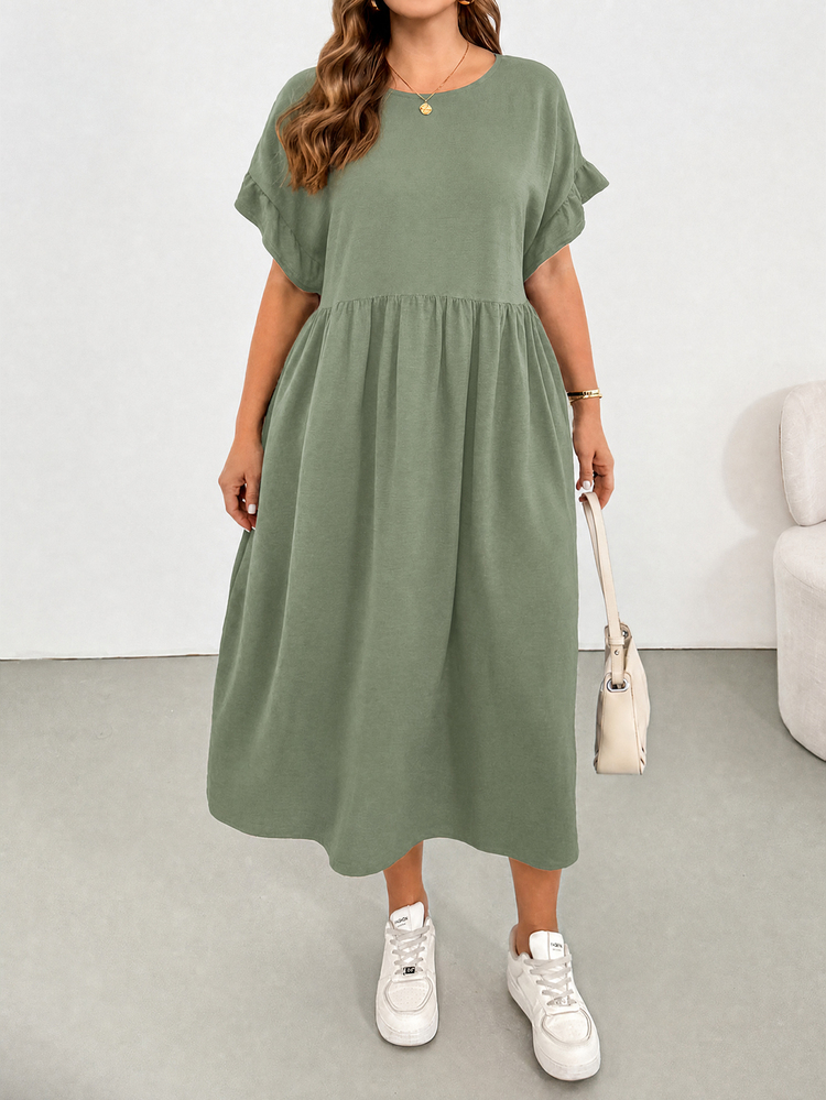 Shapeblank Plus-Size Women's Sage Green Summer Smart Casual Baggy Holiday Midi Dress,Ruffled Sleeves Pocket Loose Comfortable Everyday All-Match Versatile Formal - Mint Green - View 8