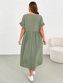 Shapeblank Plus-Size Women's Sage Green Summer Smart Casual Baggy Holiday Midi Dress,Ruffled Sleeves Pocket Loose Comfortable Everyday All-Match Versatile Formal - Mint Green - View 2