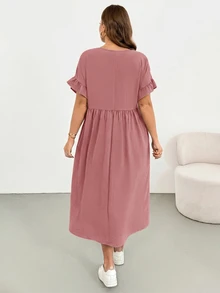 Shapeblank Plus Size Women's Solid Color Round Neck Short Sleeve Pocket Casual Loose Fit Dress - Redwood - View 3
