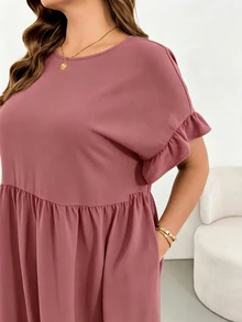 Shapeblank Plus Size Women's Solid Color Round Neck Short Sleeve Pocket Casual Loose Fit Dress - Redwood - View 7