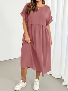 Shapeblank Plus Size Women's Solid Color Round Neck Short Sleeve Pocket Casual Loose Fit Dress - Redwood - View 6