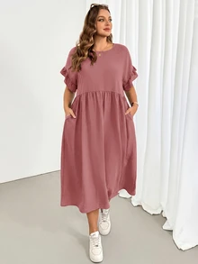 Shapeblank Plus Size Women's Solid Color Round Neck Short Sleeve Pocket Casual Loose Fit Dress - Redwood - View 4