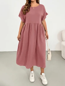 Shapeblank Plus Size Women's Solid Color Round Neck Short Sleeve Pocket Casual Loose Fit Dress - Redwood - View 5