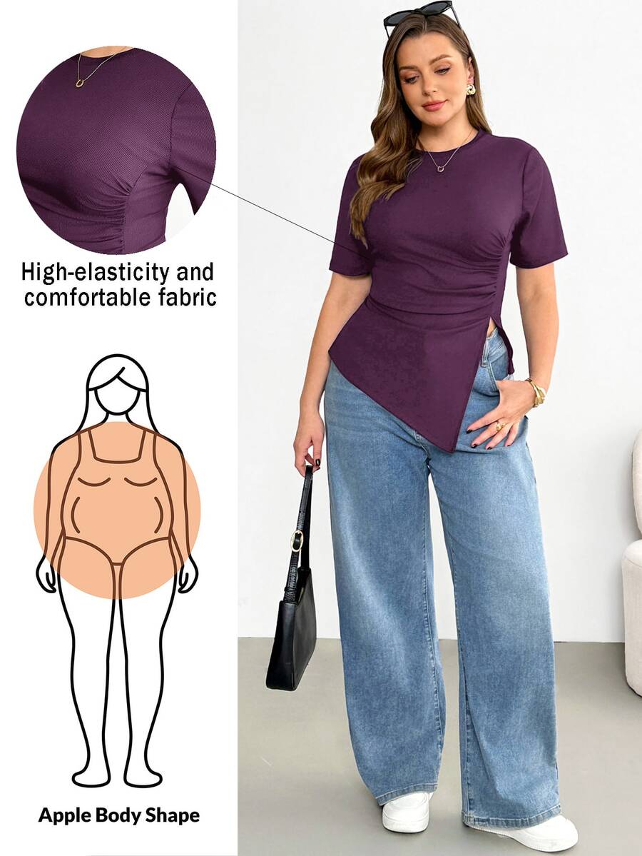 Shapeblank Plus Size Women's Dark Purple Short Sleeve T-Shirt, Autumn Smart Casual Everyday Stretchy Asymmetric Hem Ruched Waist Curve Tops, Tops - Purple - View 1