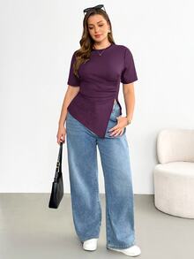 Shapeblank Plus Size Women's Dark Purple Short Sleeve T-Shirt, Autumn Smart Casual Everyday Stretchy Asymmetric Hem Ruched Waist Curve Tops, Tops - Purple - View 5