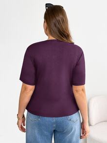 Shapeblank Plus Size Women's Dark Purple Short Sleeve T-Shirt, Autumn Smart Casual Everyday Stretchy Asymmetric Hem Ruched Waist Curve Tops, Tops - Purple - View 2