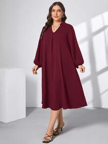 Shapeblank Plus Size Women Burgundy V-Neck Long Sleeve Mid-Length Dress, Autumn Smart Casual Business Casual Elegant Everyday Brunch Office Club Formal Outfits - Burgundy - View 4