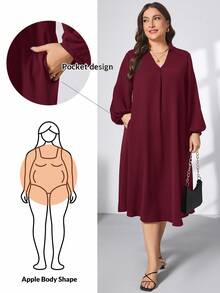 Shapeblank Plus Size Women Burgundy V-Neck Long Sleeve Mid-Length Dress, Autumn Smart Casual Business Casual Elegant Everyday Brunch Office Club Formal Outfits - Burgundy - View 2