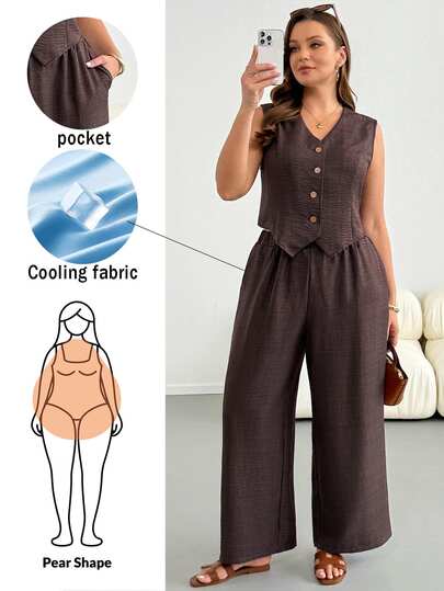 Shapeblank Plus Size Women's Brown Smart Casual Elegant Workwear Formal Vacation Office Two Pieces Set, Old Money Vest Top Wide-Leg Pants Suit