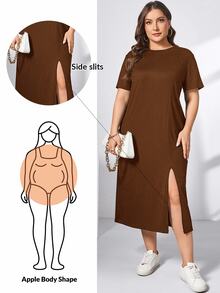 Shapeblank Plus Size Women's Chocolate Brown Summer Casual Everyday Mid-Length Slit Dress,Loose Short-Sleeved Church Clothes,Old Money Style Modest Outfits - Brown - View 1