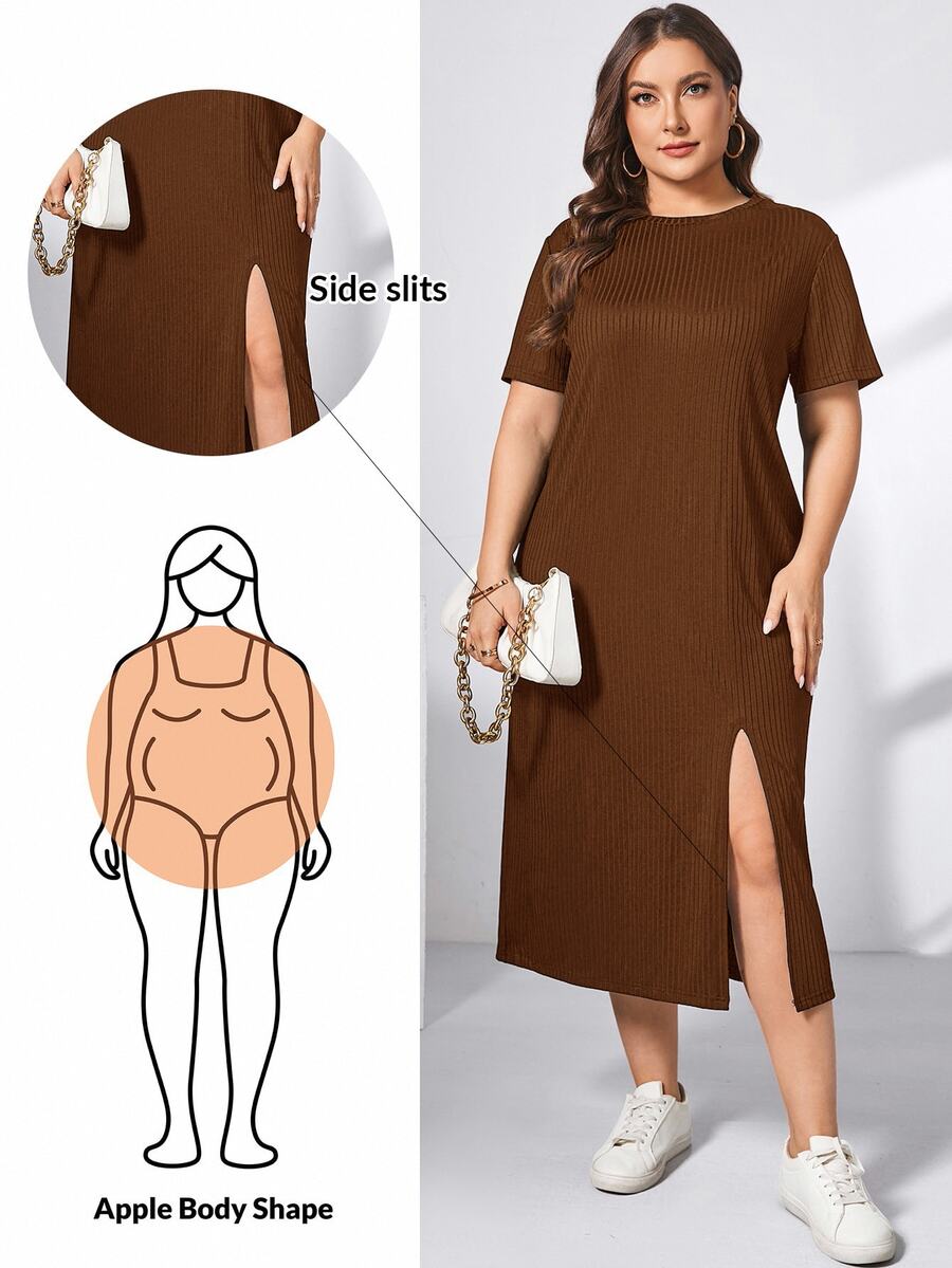 Shapeblank Plus Size Women's Chocolate Brown Summer Casual Everyday Mid-Length Slit Dress,Loose Short-Sleeved Church Clothes,Old Money Style Modest Outfits - Brown - View 1