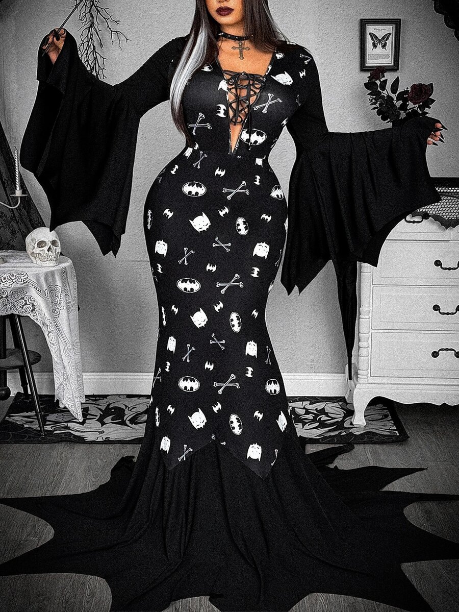 Whyspr BATMAN X SHEIN Plus Size Dark Bone Print Batwing Sleeve Dress Gothic Masquerade Halloween - Black - View 1