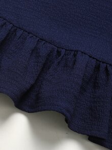SHEIN 青少年女孩休閒日常百搭舒適修身圓領荷葉邊背心與長褲套裝 - 藍色 - 查看 2