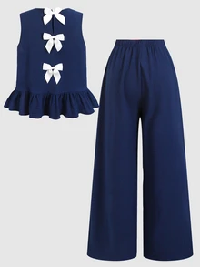 SHEIN 青少年女孩休閒日常百搭舒適修身圓領荷葉邊背心與長褲套裝 - 藍色 - 查看 4