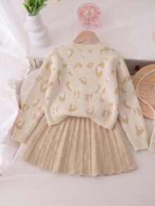 Young Girl Leopard Print Bow Decor Long Sleeve Single-Breasted Knit Cardigan And Knit Skirt Set - Apricot - View 2