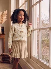 Young Girl Leopard Print Bow Decor Long Sleeve Single-Breasted Knit Cardigan And Knit Skirt Set - Apricot - View 9
