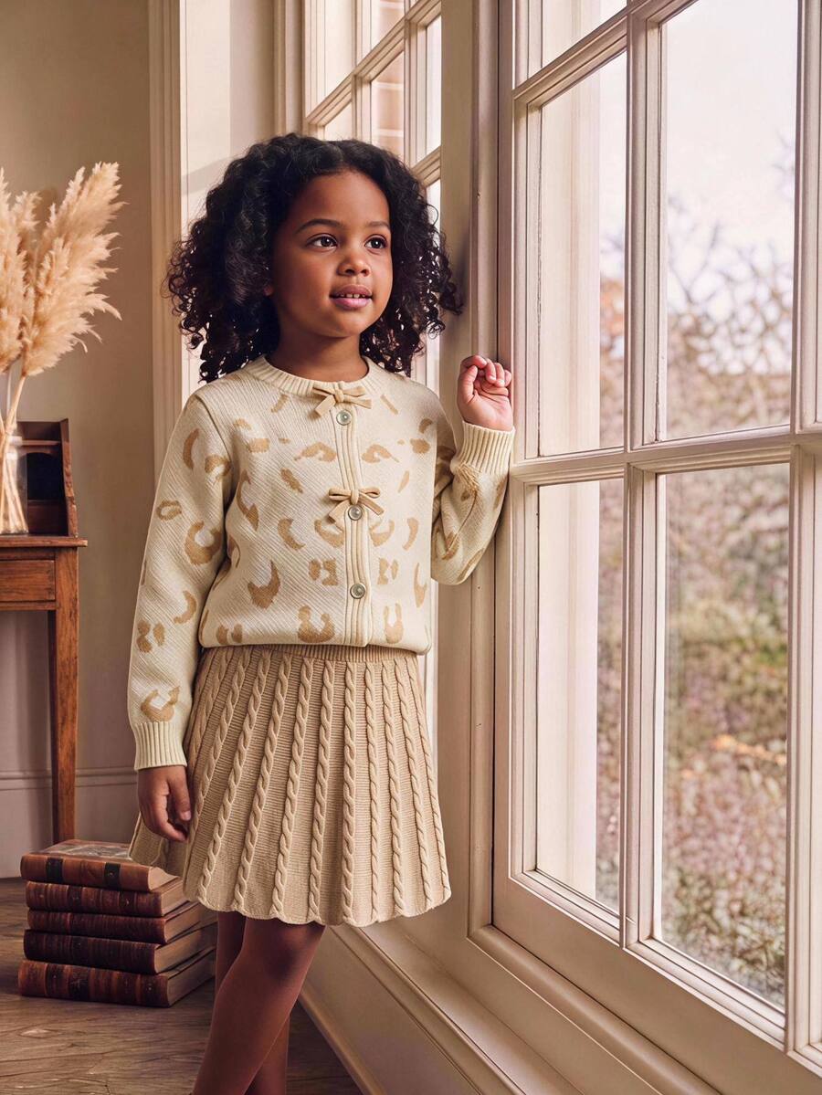 Young Girl Leopard Print Bow Decor Long Sleeve Single-Breasted Knit Cardigan And Knit Skirt Set - Apricot - View 1